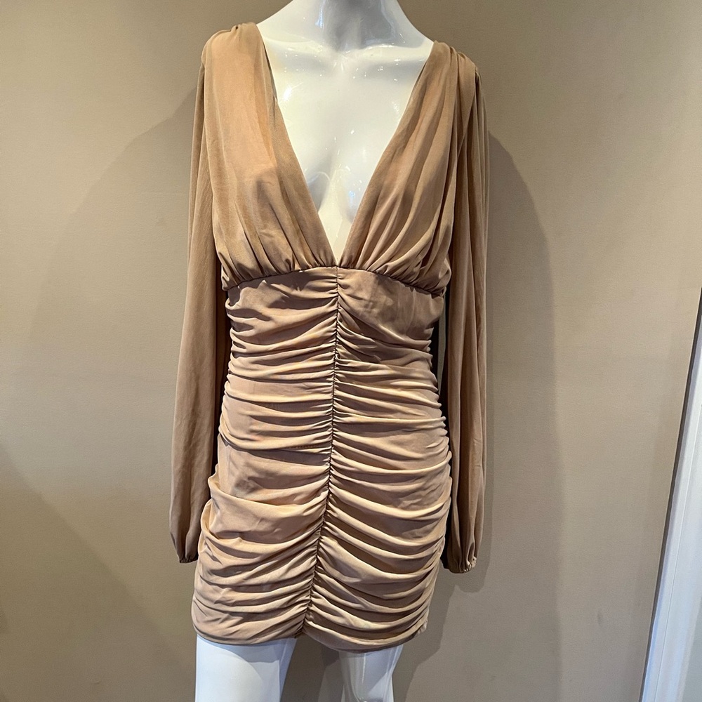 Elegant Tan Ruched Dress
